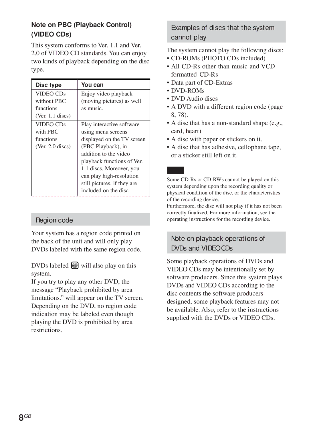 Sony DAV-C450 manual Region code, Examples of discs that the system Cannot play, DVDs and Video CDs, Disc type You can 