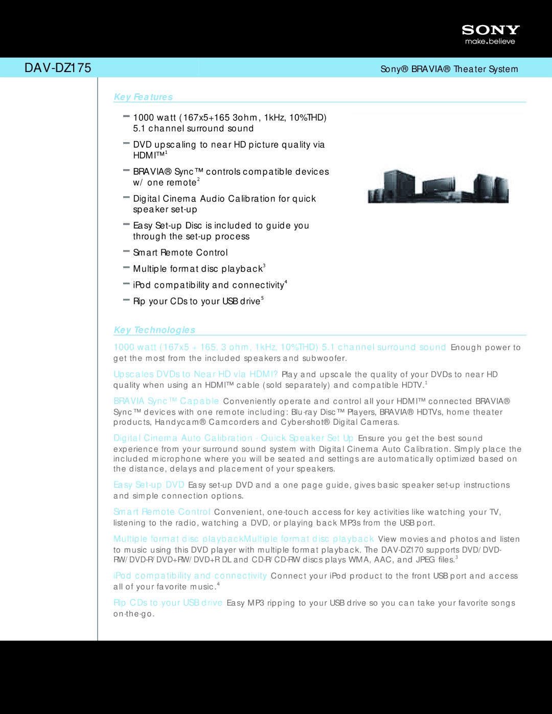 Sony DAV-DZ175 manual Key Features, Key Technologies 