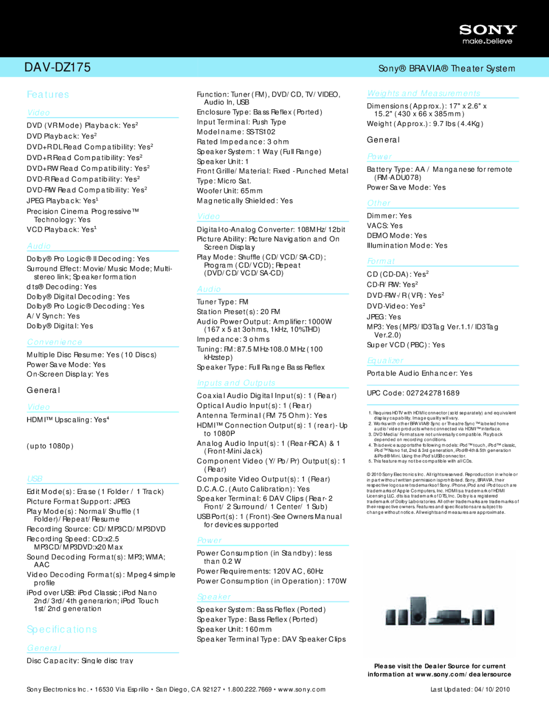 Sony DAV-DZ175 manual Features, Specifications 