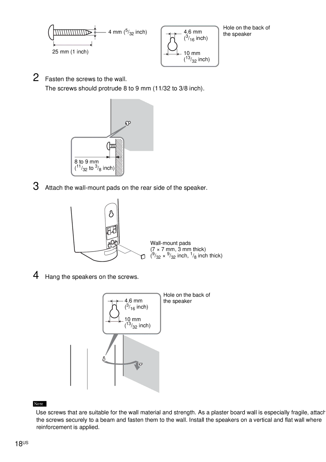 Sony DAV-FX10 manual 18US, Fasten the screws to the wall, Attach the wall-mount pads on the rear side of the speaker 