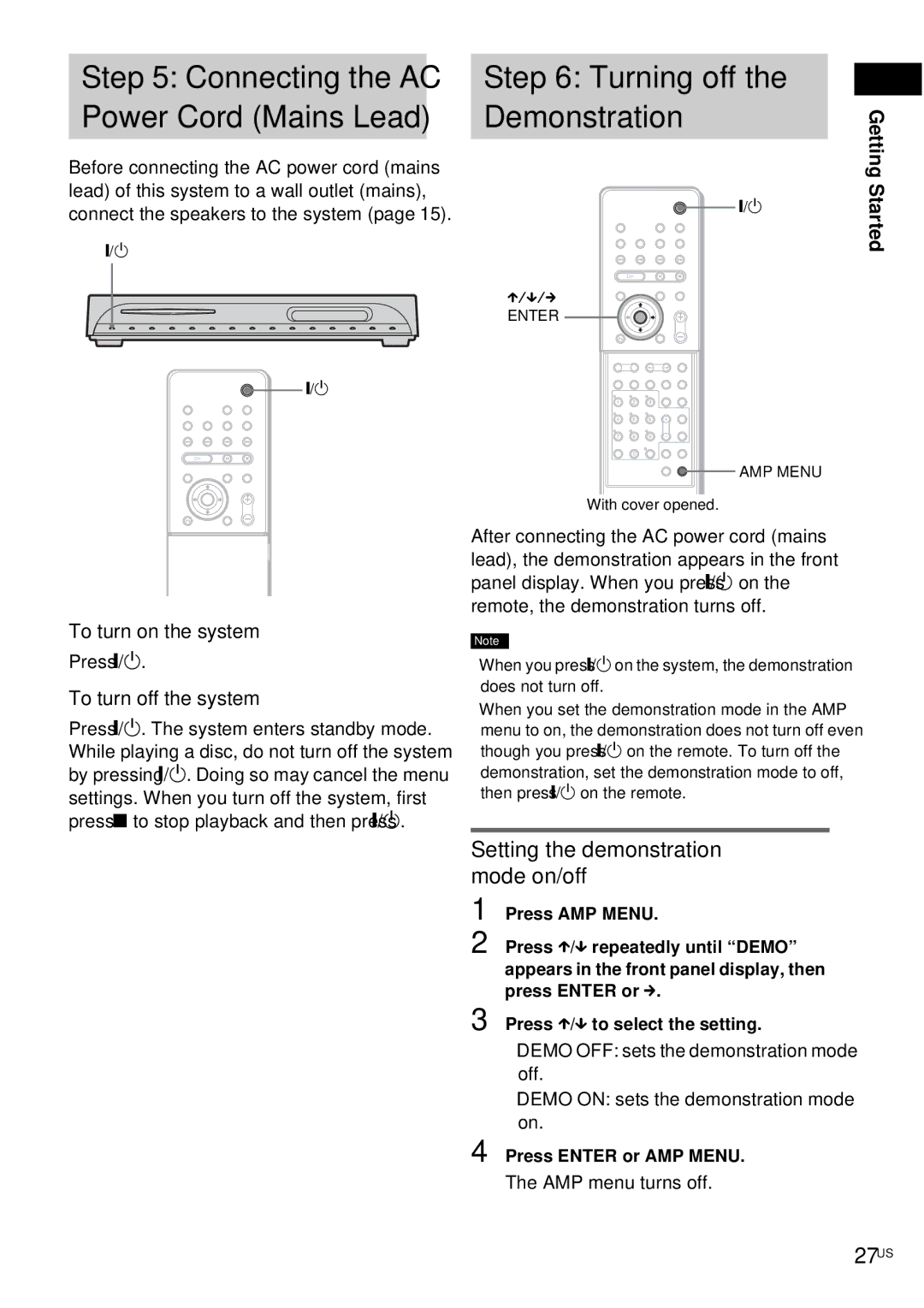 Sony DAV-FX10 manual Turning off Demonstration, Setting the demonstration mode on/off, 27US 