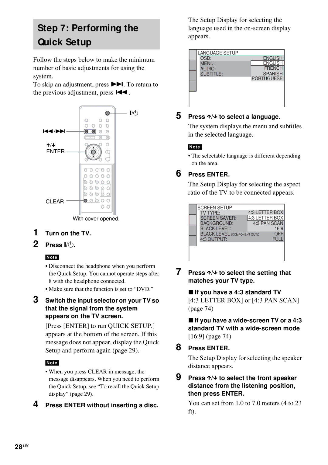 Sony DAV-FX10 manual Performing the Quick Setup, 28US 