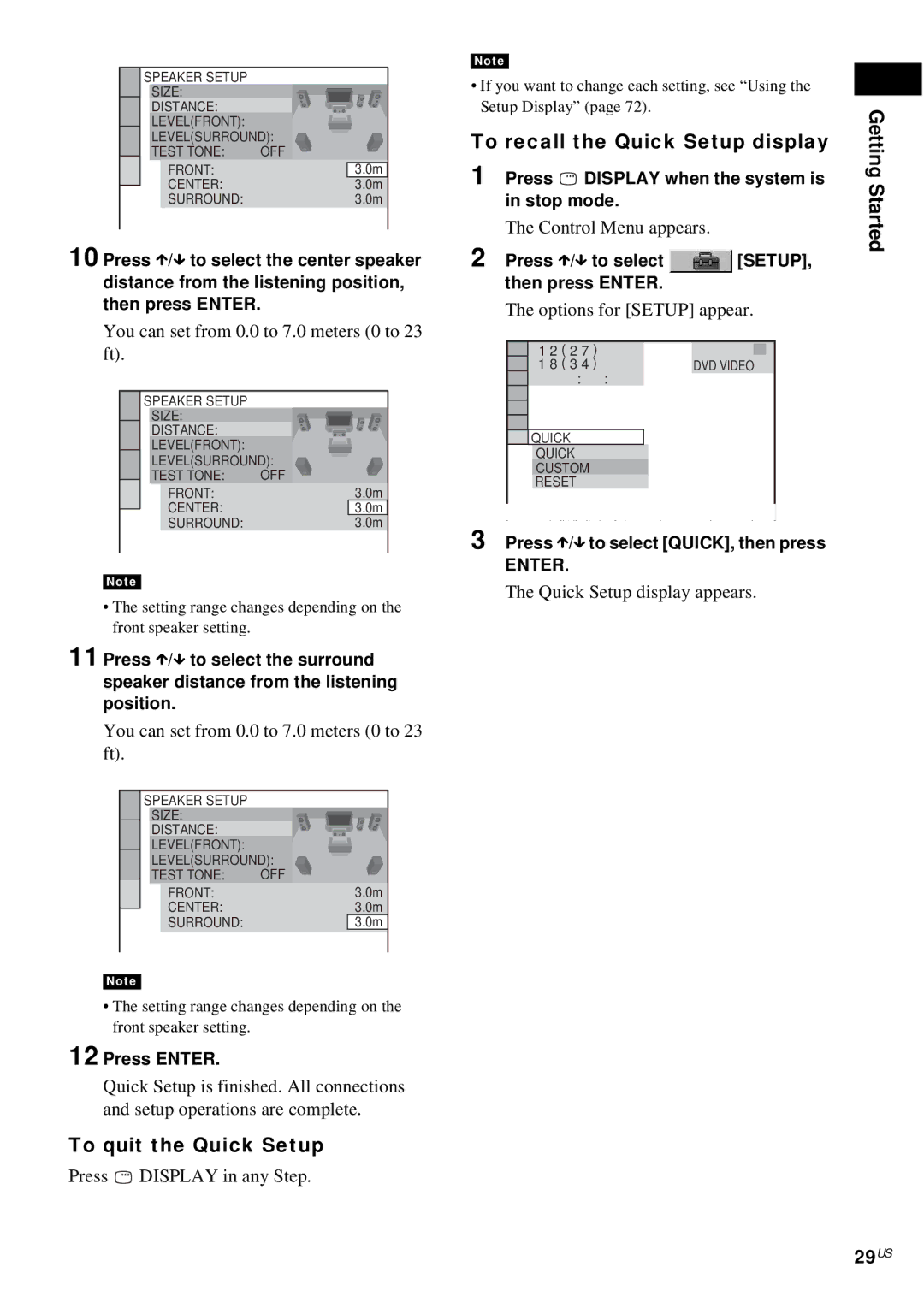 Sony DAV-FX10 manual 29US, To quit the Quick Setup, To recall the Quick Setup display 