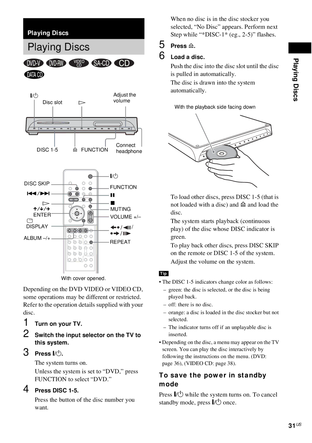 Sony DAV-FX10 manual Playing Discs, 31US, To save the power in standby mode 