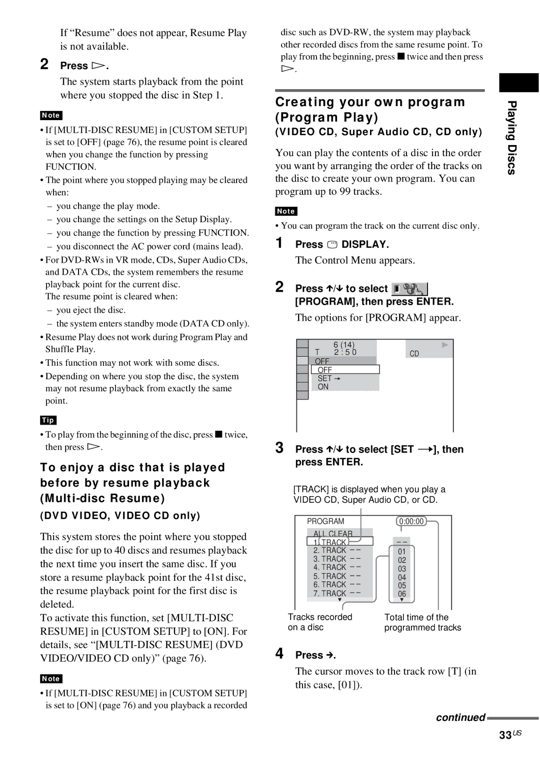 Sony DAV-FX10 manual Creating your own program Program Play, 33US 