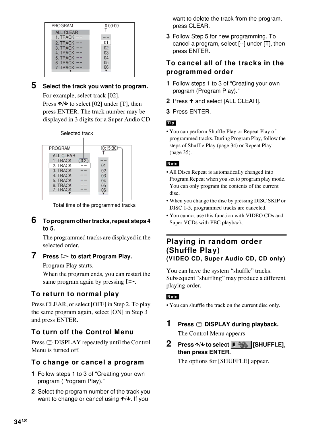 Sony DAV-FX10 manual Playing in random order Shuffle Play, 34US 