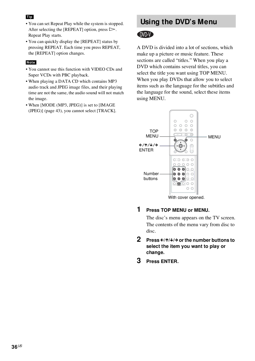 Sony DAV-FX10 manual Using the DVD’s Menu, 36US, Press TOP Menu or Menu 