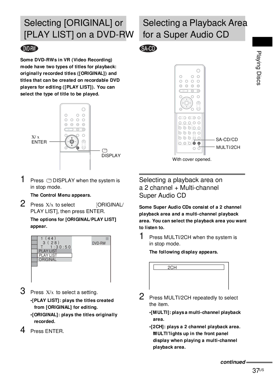Sony DAV-FX10 manual For a Super Audio CD, 37US 