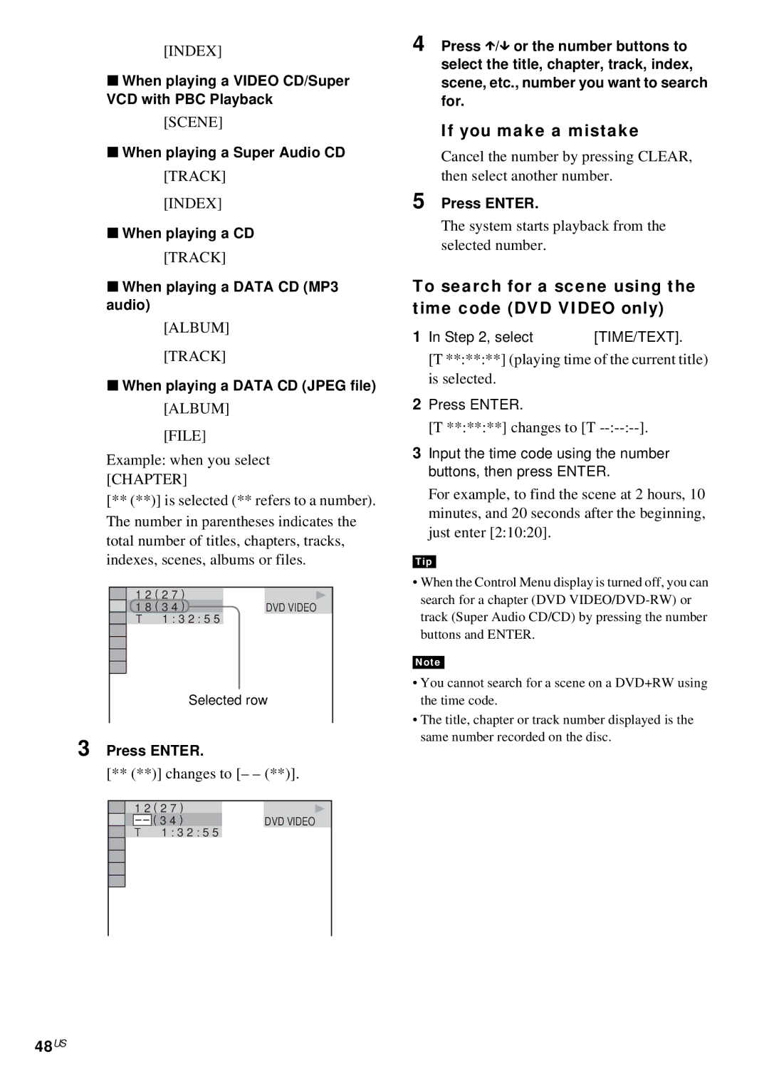 Sony DAV-FX10 manual 48US, If you make a mistake, To search for a scene using the time code DVD Video only 