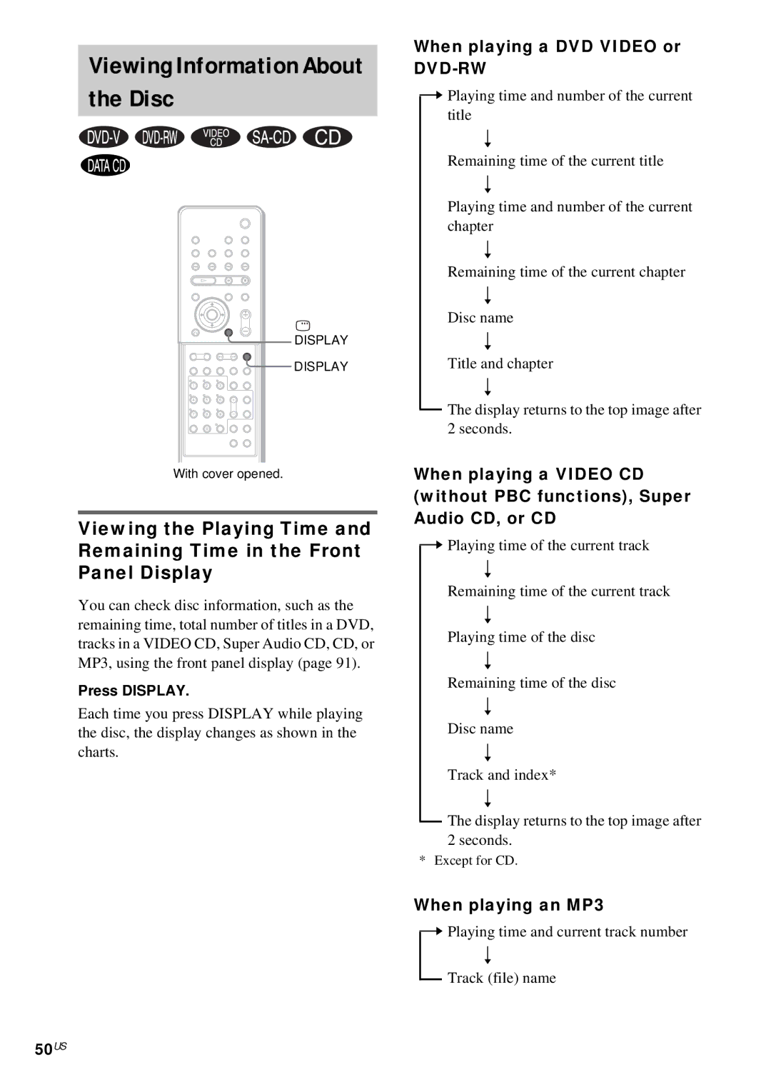 Sony DAV-FX10 manual Viewing Information About the Disc, 50US, When playing a DVD Video or, When playing an MP3 