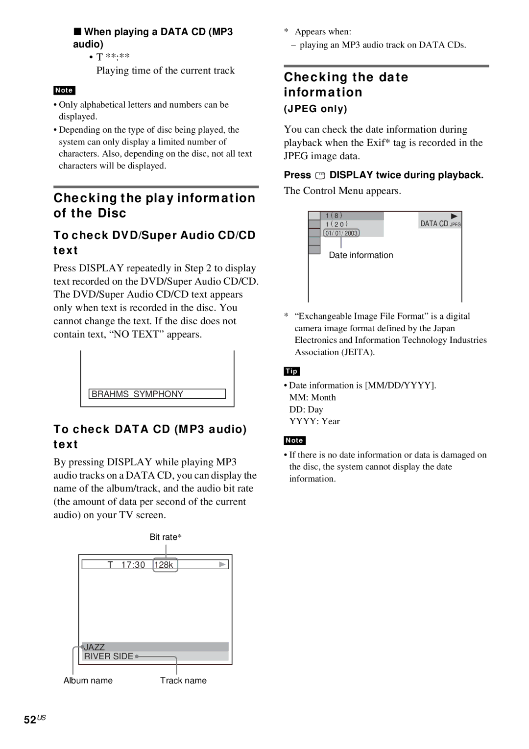 Sony DAV-FX10 manual Checking the play information of the Disc, Checking the date information, 52US 