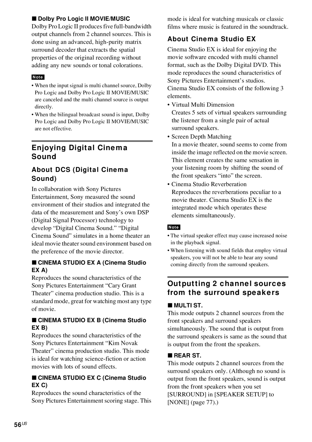 Sony DAV-FX10 manual Enjoying Digital Cinema Sound, Outputting 2 channel sources from the surround speakers, 56US 