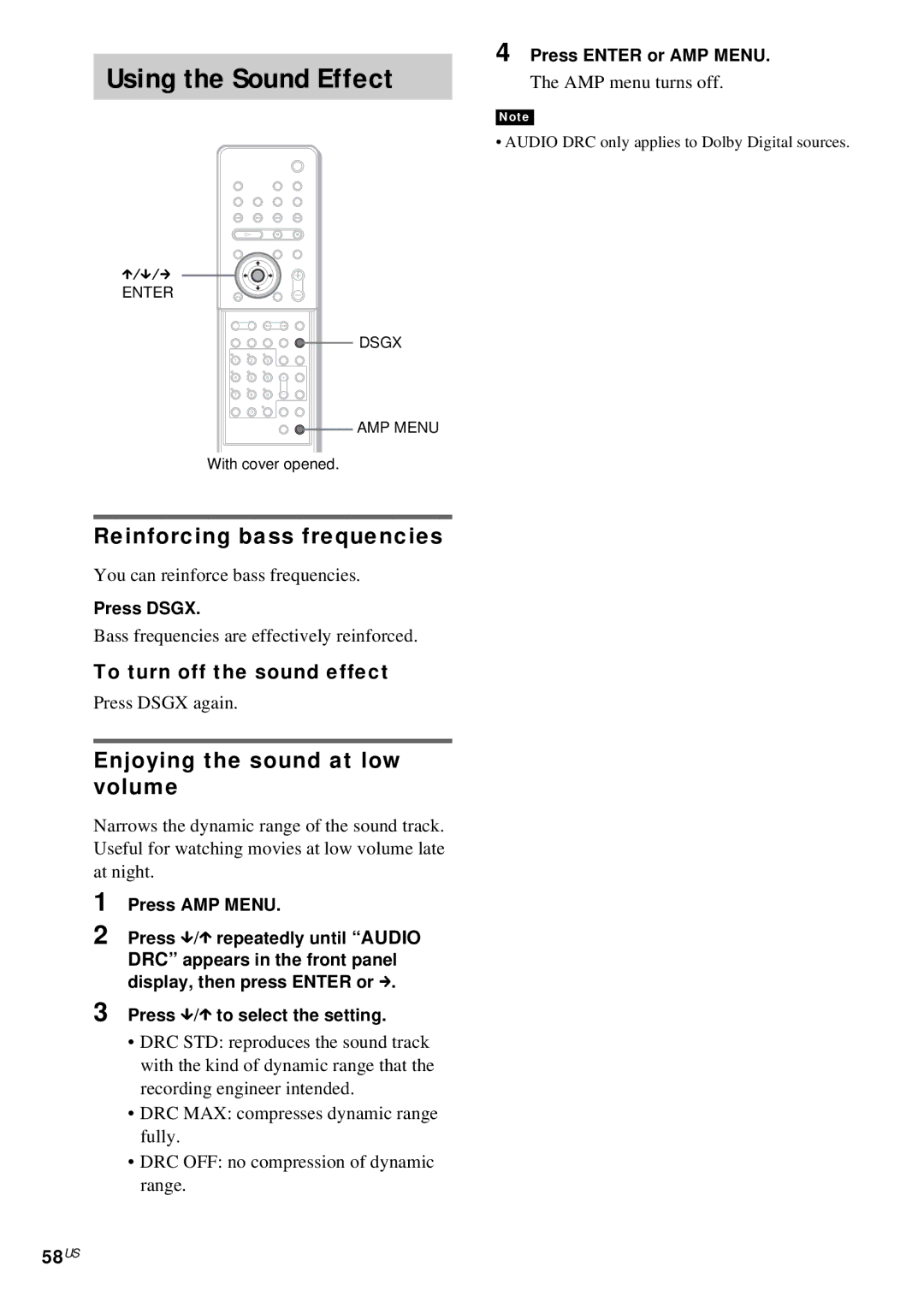 Sony DAV-FX10 manual Reinforcing bass frequencies, 58US, To turn off the sound effect, Press Dsgx 