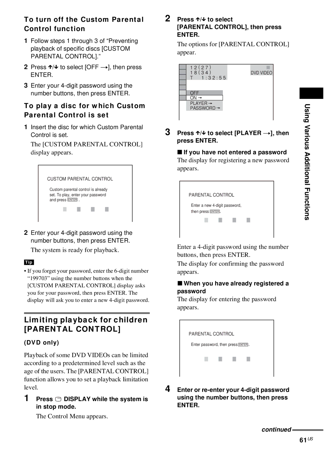 Sony DAV-FX10 manual Limiting playback for children, 61US, To turn off the Custom Parental Control function 