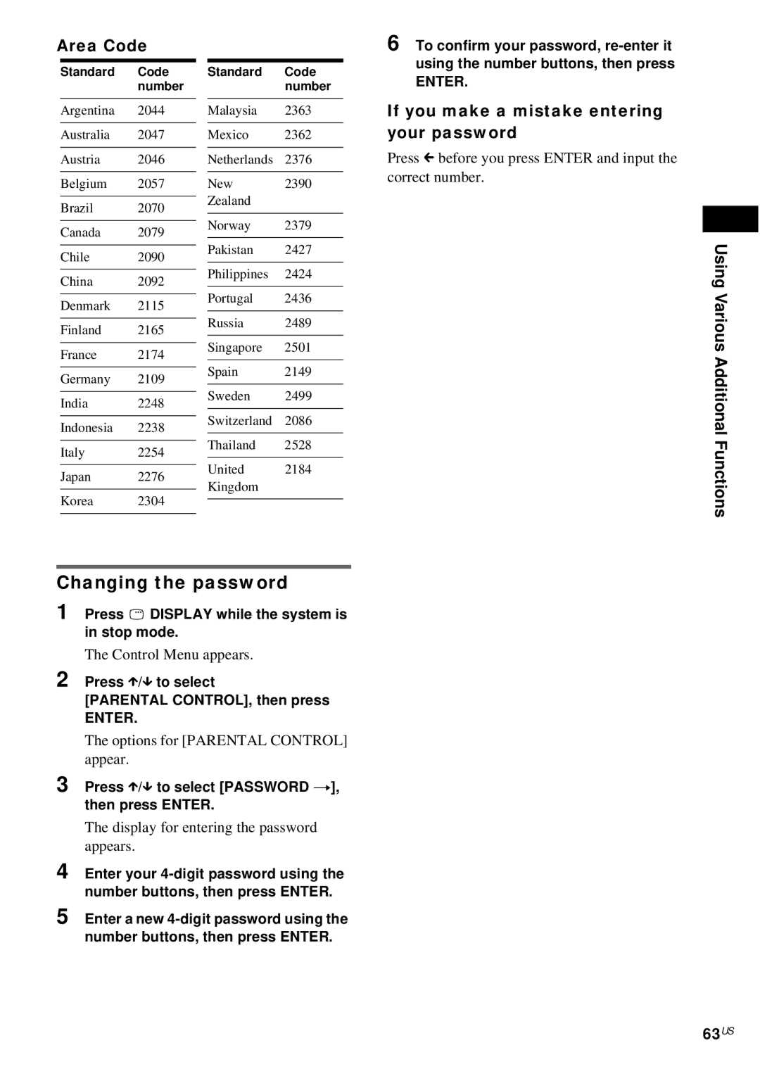 Sony DAV-FX10 manual Changing the password, 63US, Area Code, If you make a mistake entering your password 