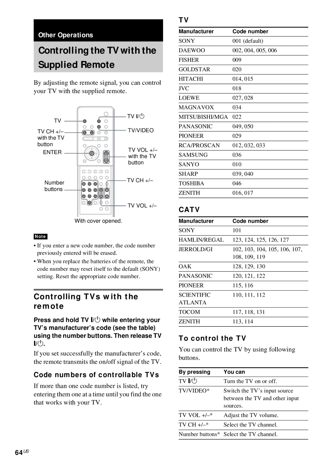 Sony DAV-FX10 manual Controlling TVs with the remote, 64US, Code numbers of controllable TVs, To control the TV 