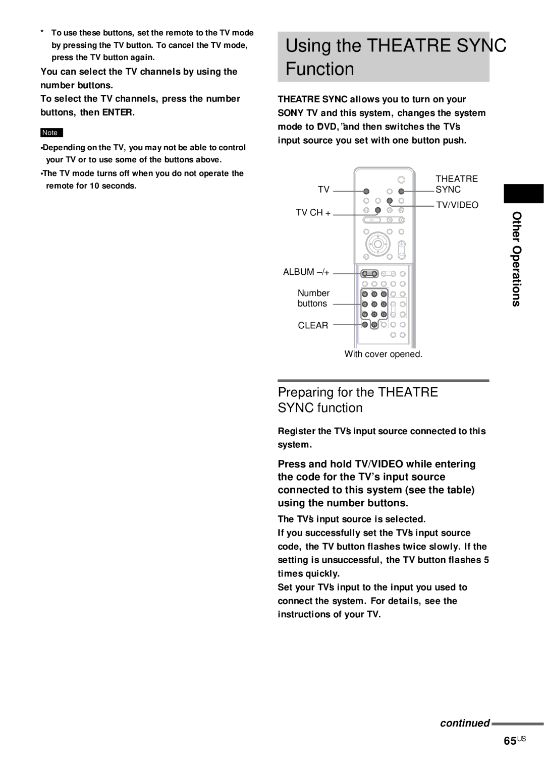 Sony DAV-FX10 manual Using the Theatre Sync Function, Preparing for the Theatre Sync function, 65US, Other Operations 