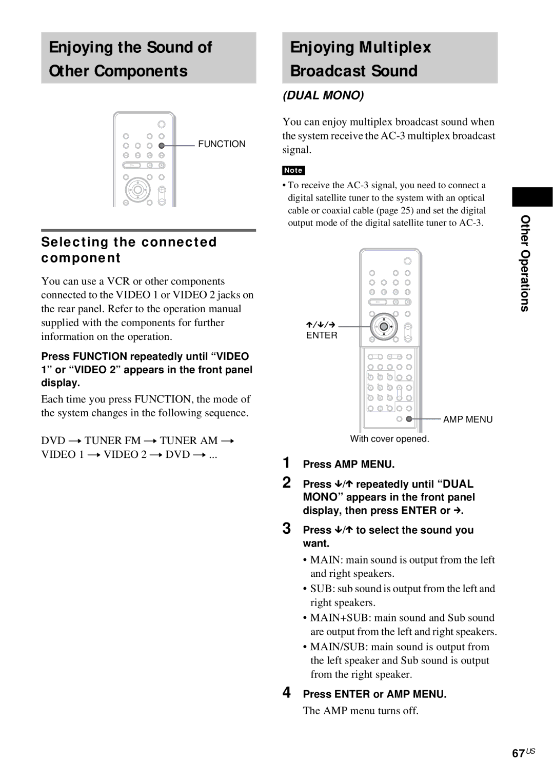 Sony DAV-FX10 manual Enjoying Multiplex Broadcast Sound, Selecting the connected component, 67US 