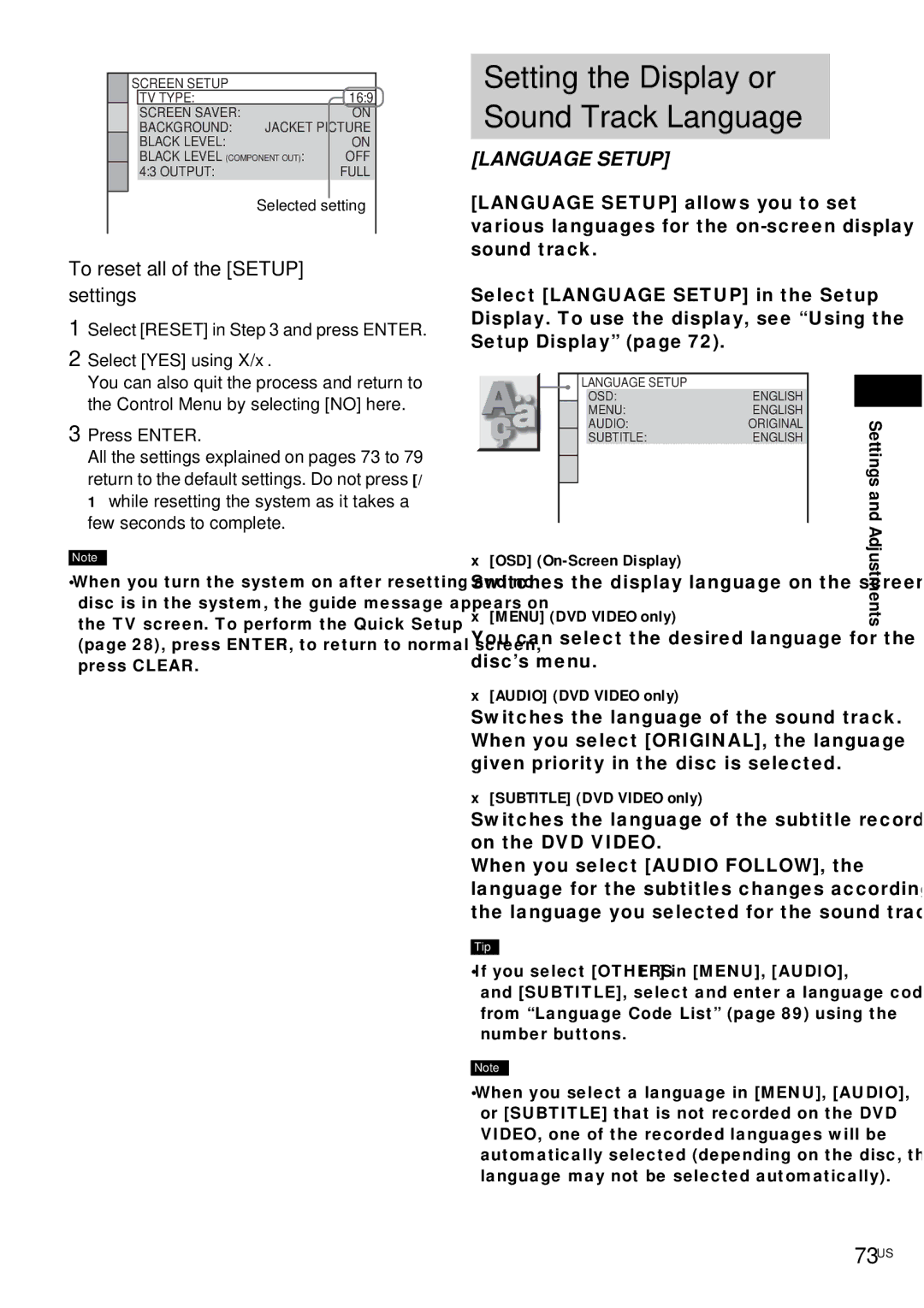 Sony DAV-FX10 manual 73US, To reset all of the Setup settings, Settings and Adjustments 