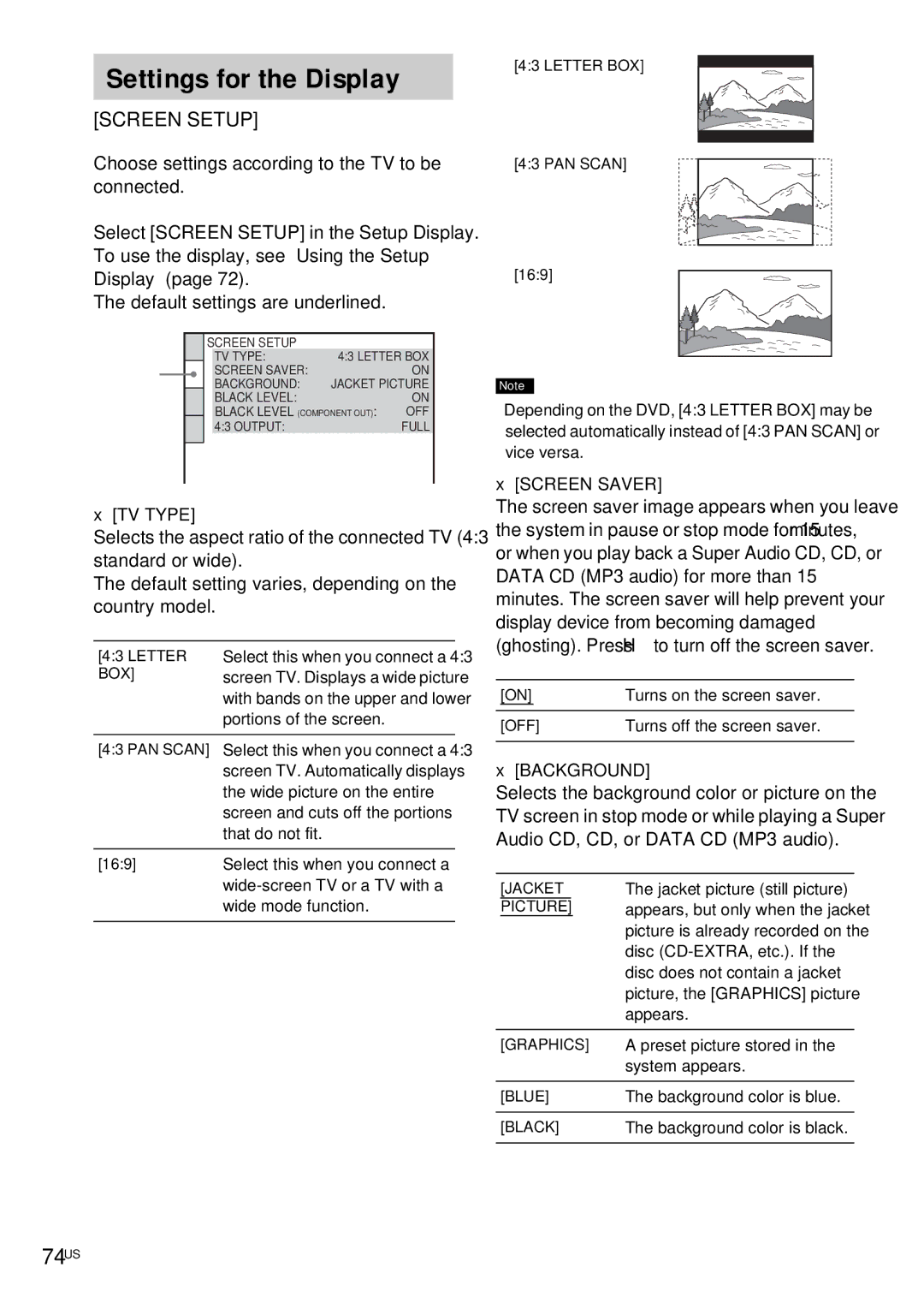 Sony DAV-FX10 manual Settings for the Display, 74US, TV Type, Screen Saver, Background 