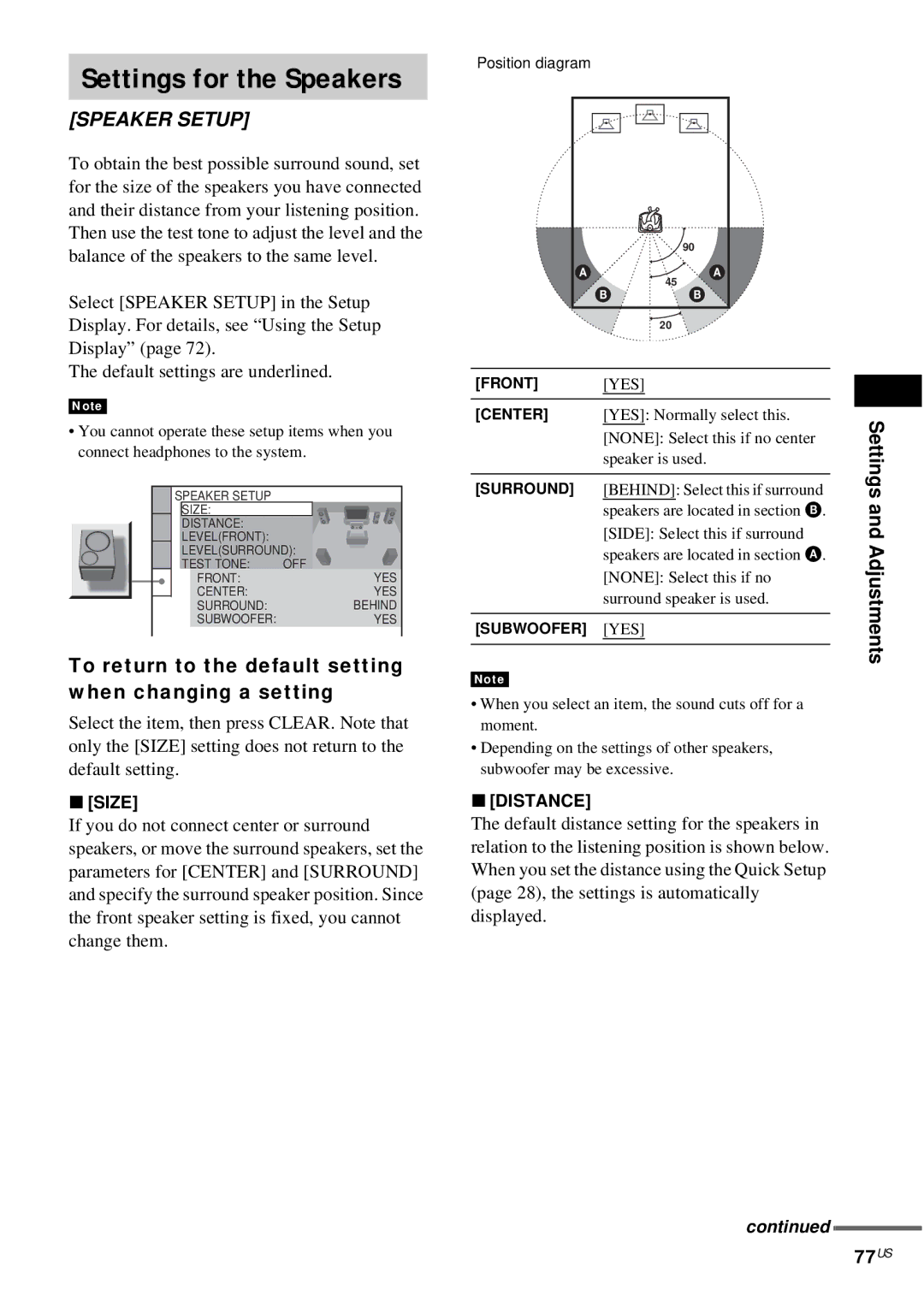 Sony DAV-FX10 Settings for the Speakers, 77US, To return to the default setting when changing a setting, Size, Distance 