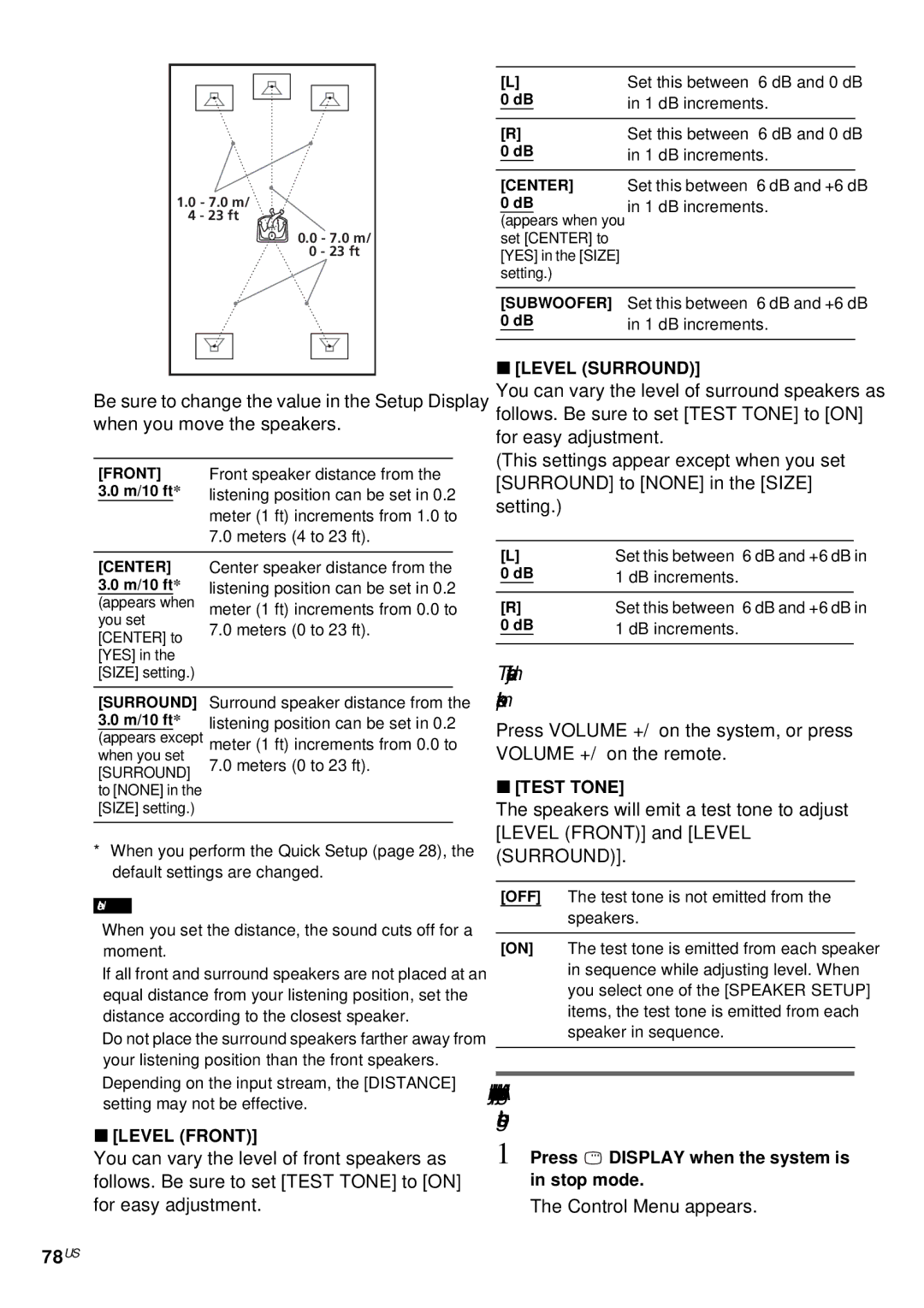 Sony DAV-FX10 manual Adjusting the speaker level by using the test tone, 78US 