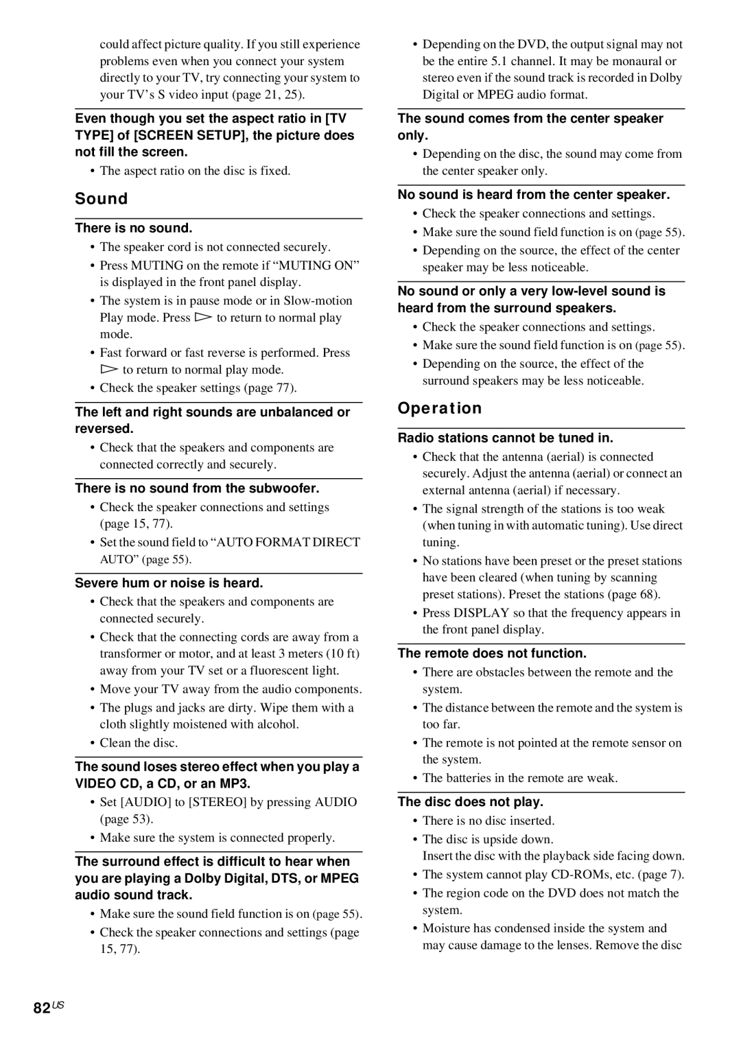 Sony DAV-FX10 manual 82US, Sound, Operation 