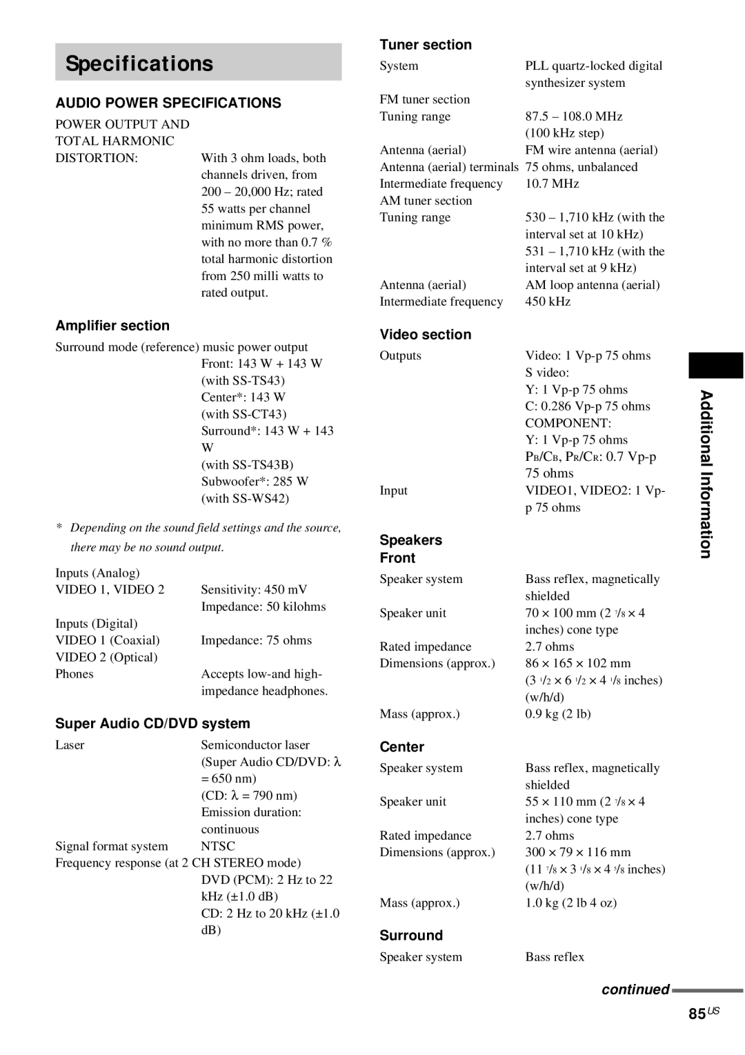Sony DAV-FX10 manual Specifications, 85US 