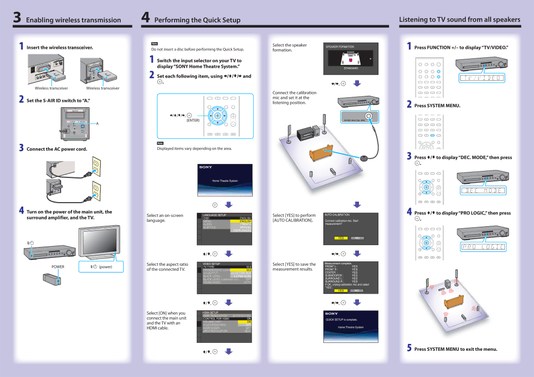 Sony DAV-HDX589W setup guide Enabling wireless transmission Performing the Quick Setup 