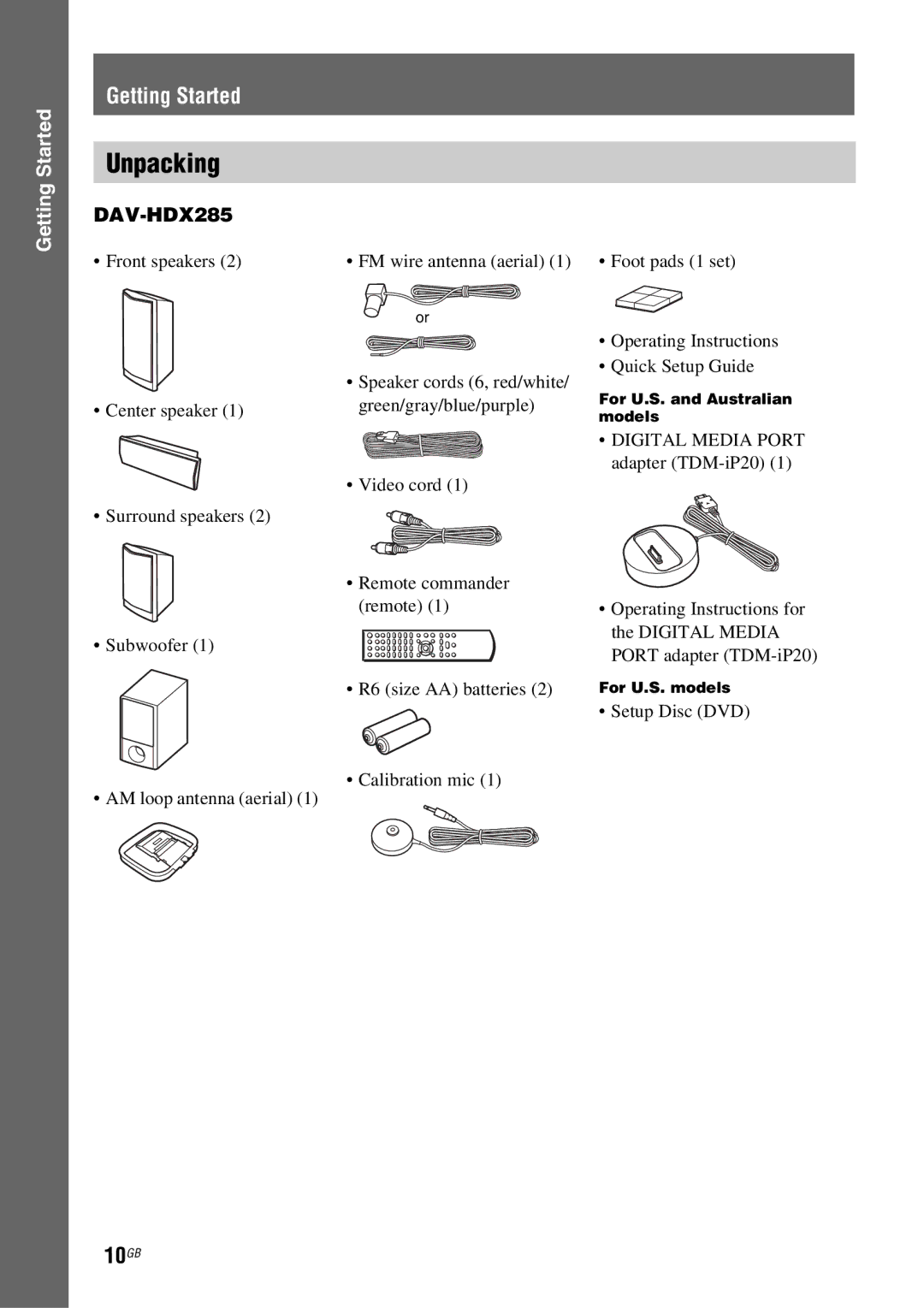 Sony DAV-HDX685 manual Unpacking, 10GB, Front speakers FM wire antenna aerial, Setup Disc DVD 