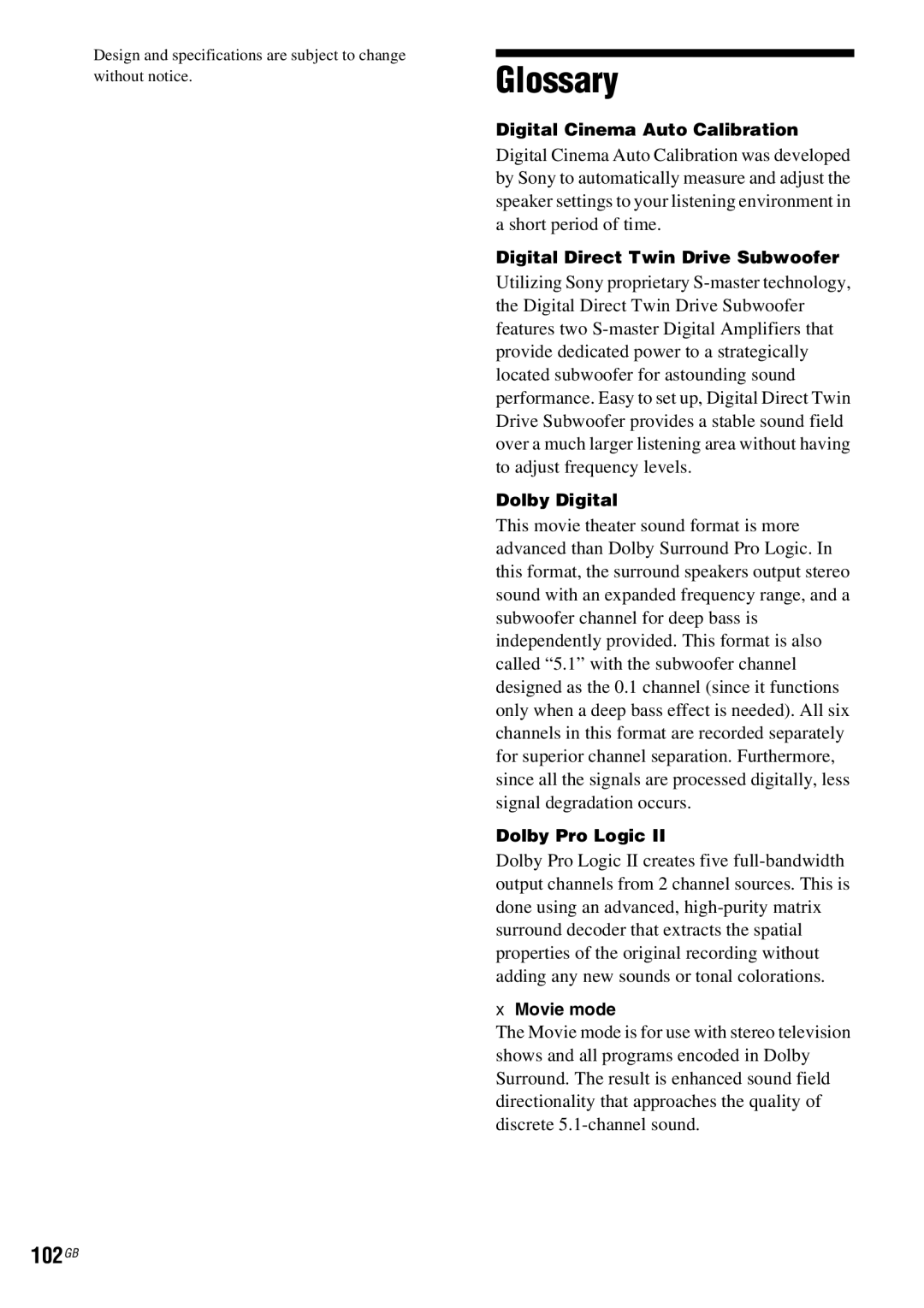 Sony DAV-HDX685 manual Glossary, 102GB 