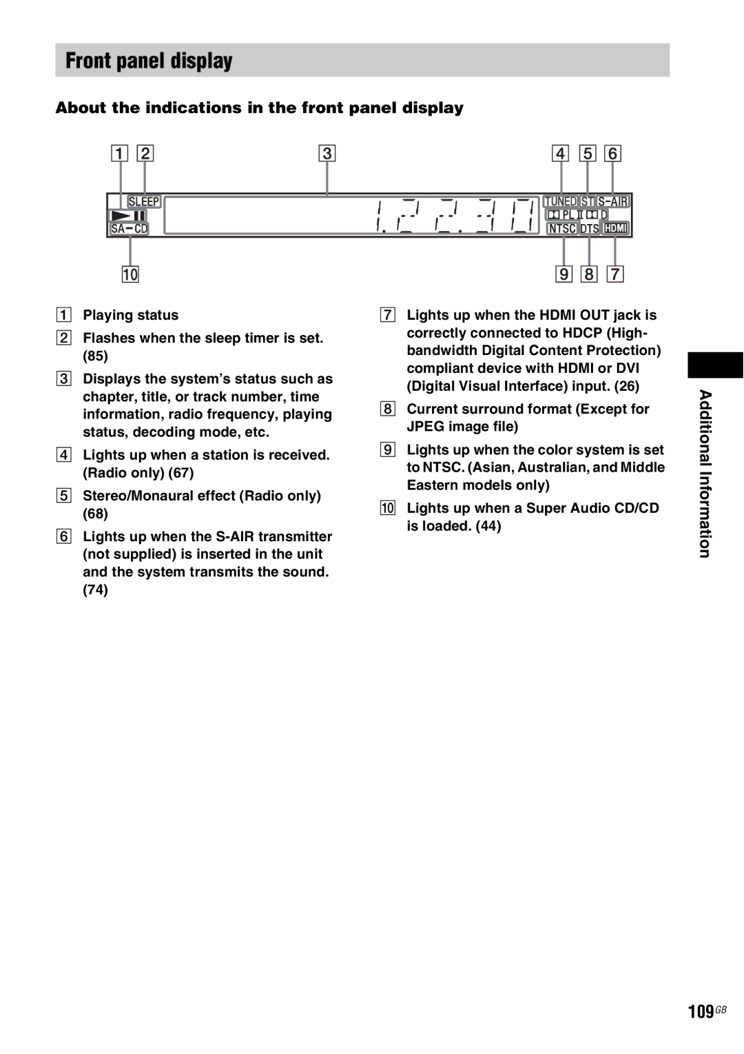 Sony DAV-HDX685 manual Front panel display, 109GB, About the indications in the front panel display 