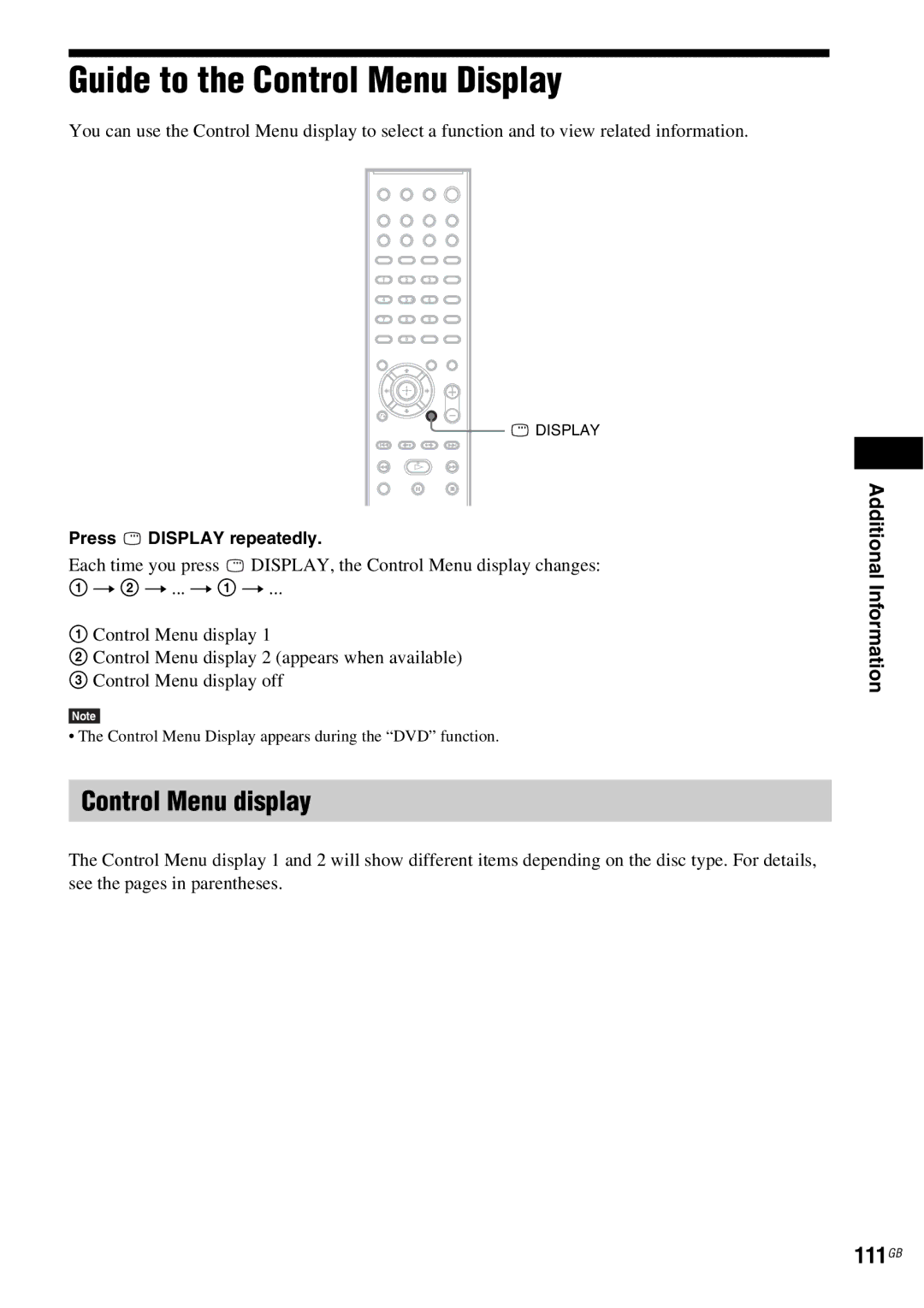 Sony DAV-HDX685 manual Guide to the Control Menu Display, Control Menu display, 111GB 