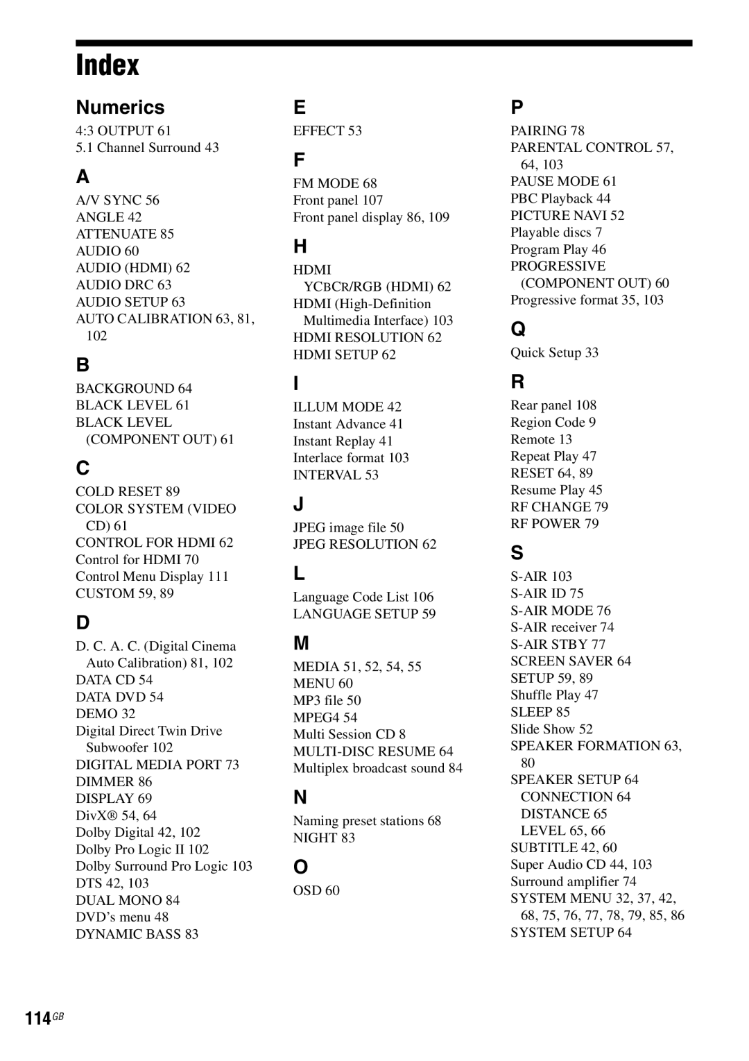 Sony DAV-HDX685 manual Index, 114GB 