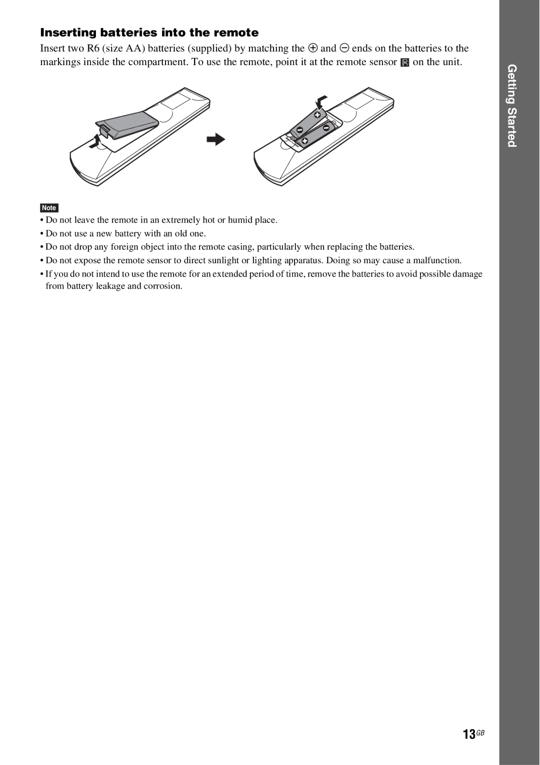 Sony DAV-HDX685 manual 13GB, Inserting batteries into the remote 