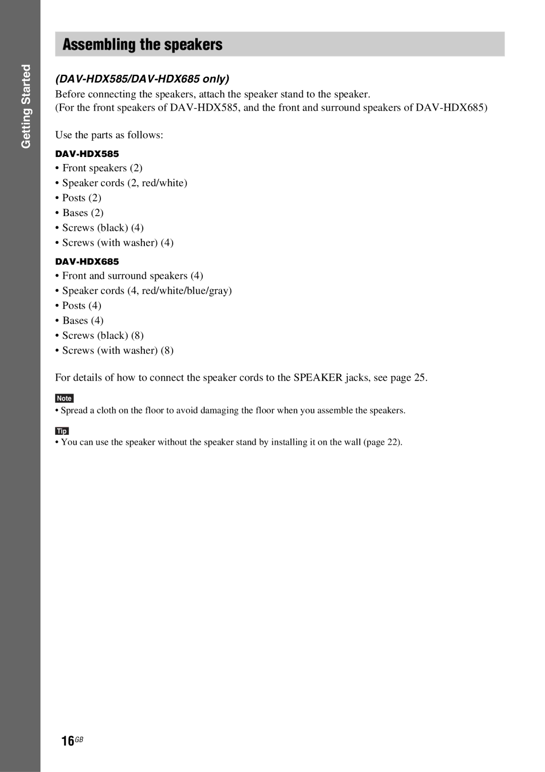 Sony DAV-HDX685 manual Assembling the speakers, 16GB 