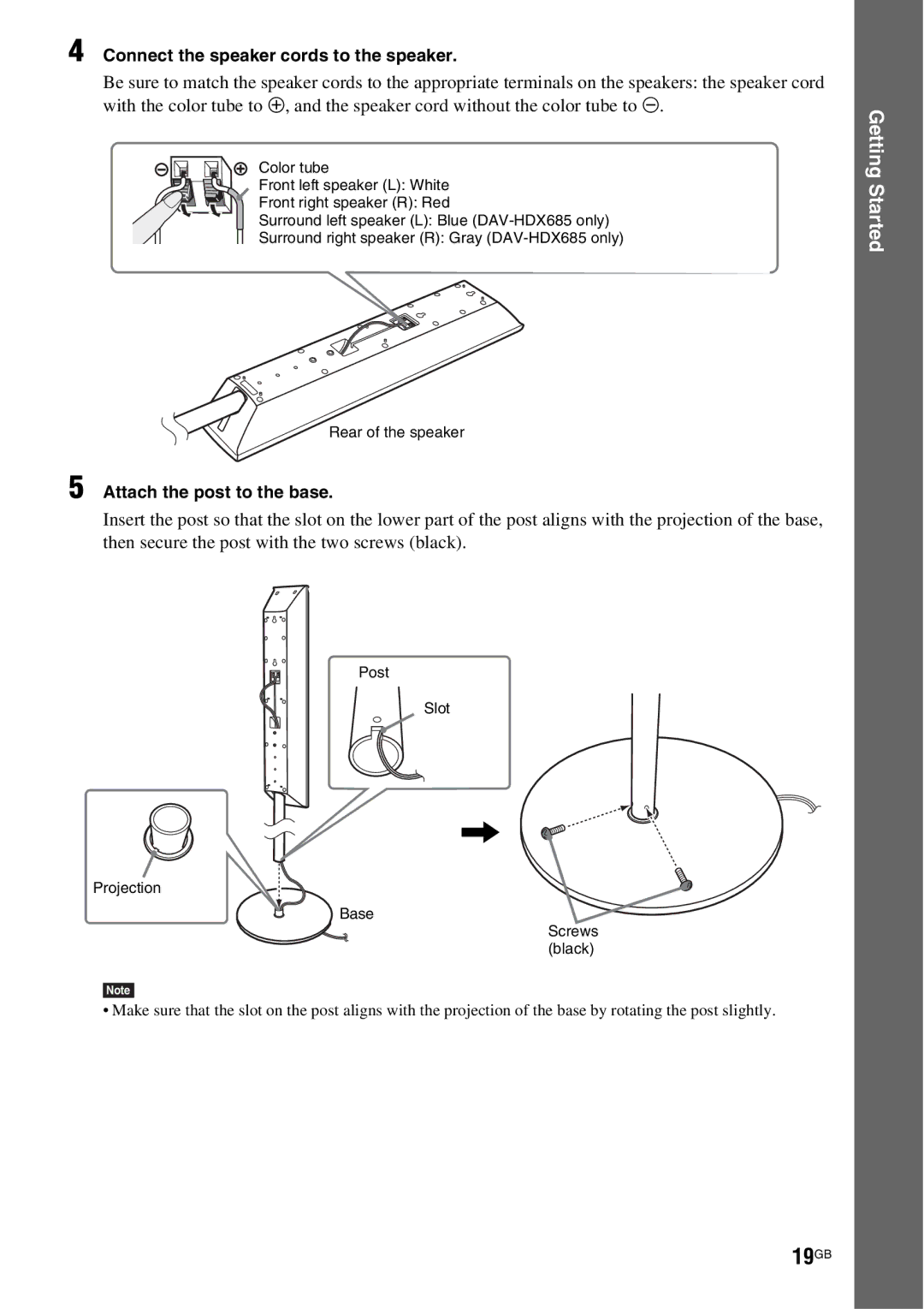 Sony DAV-HDX685 manual 19GB, Connect the speaker cords to the speaker, Attach the post to the base 