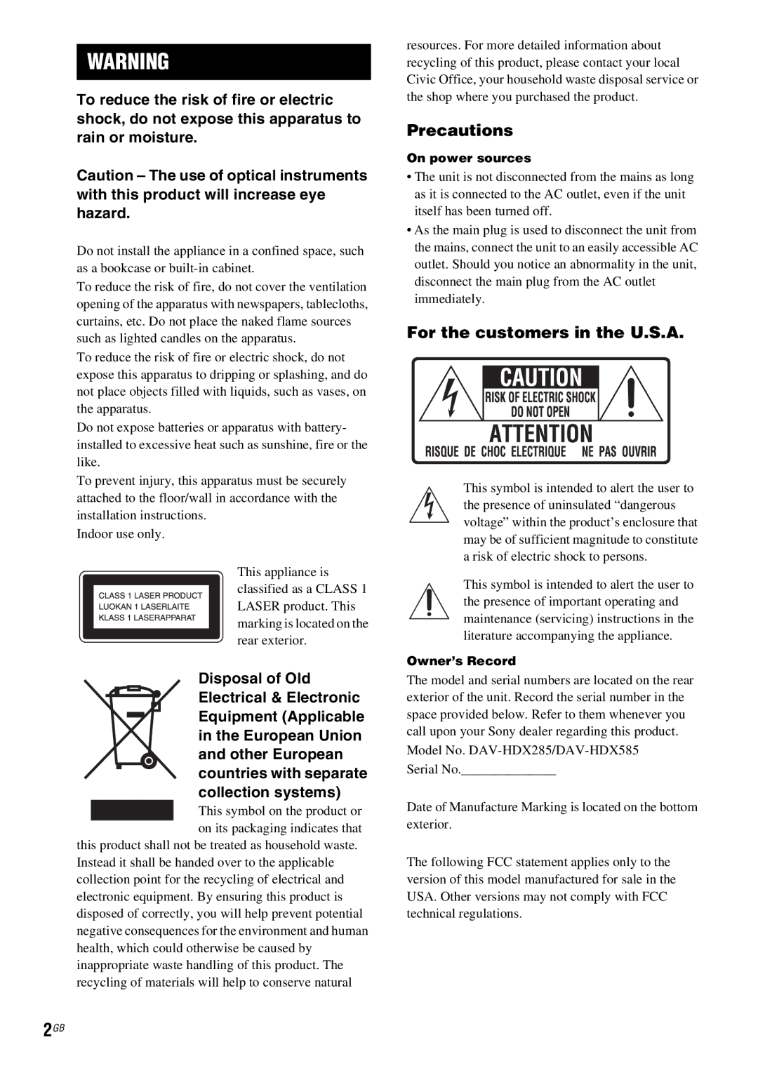 Sony DAV-HDX685 manual Precautions, For the customers in the U.S.A 