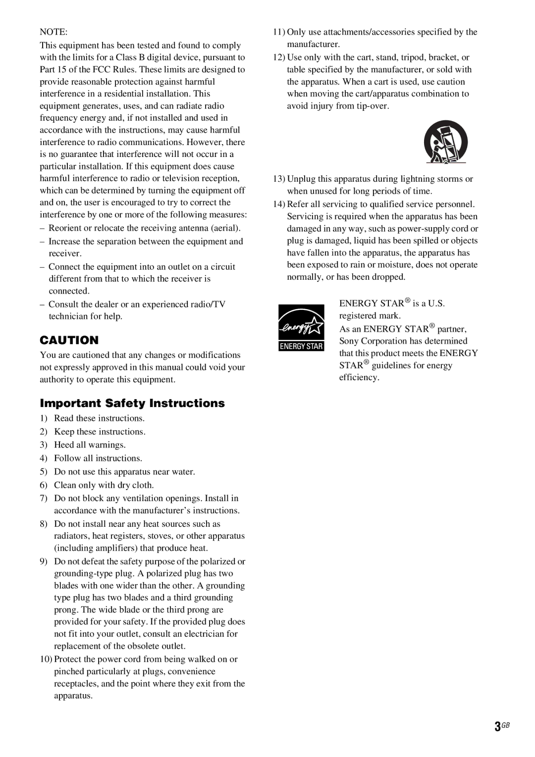 Sony DAV-HDX685 manual Important Safety Instructions 