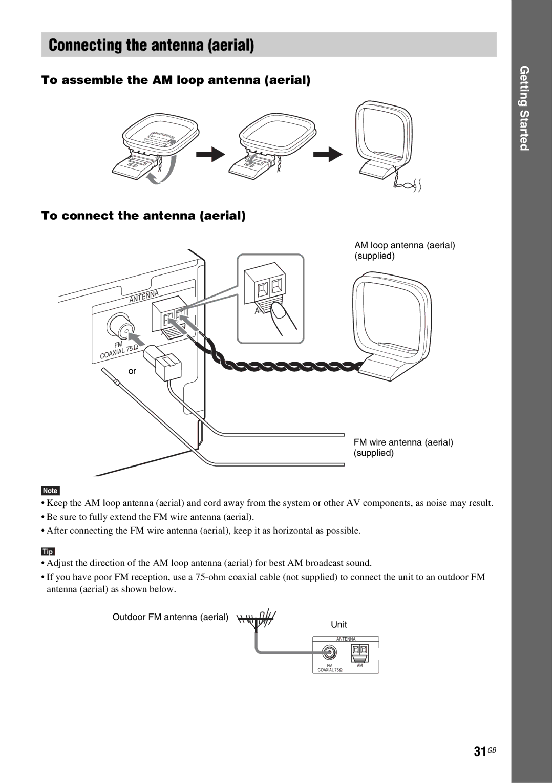 Sony DAV-HDX685 manual Connecting the antenna aerial, 31GB 