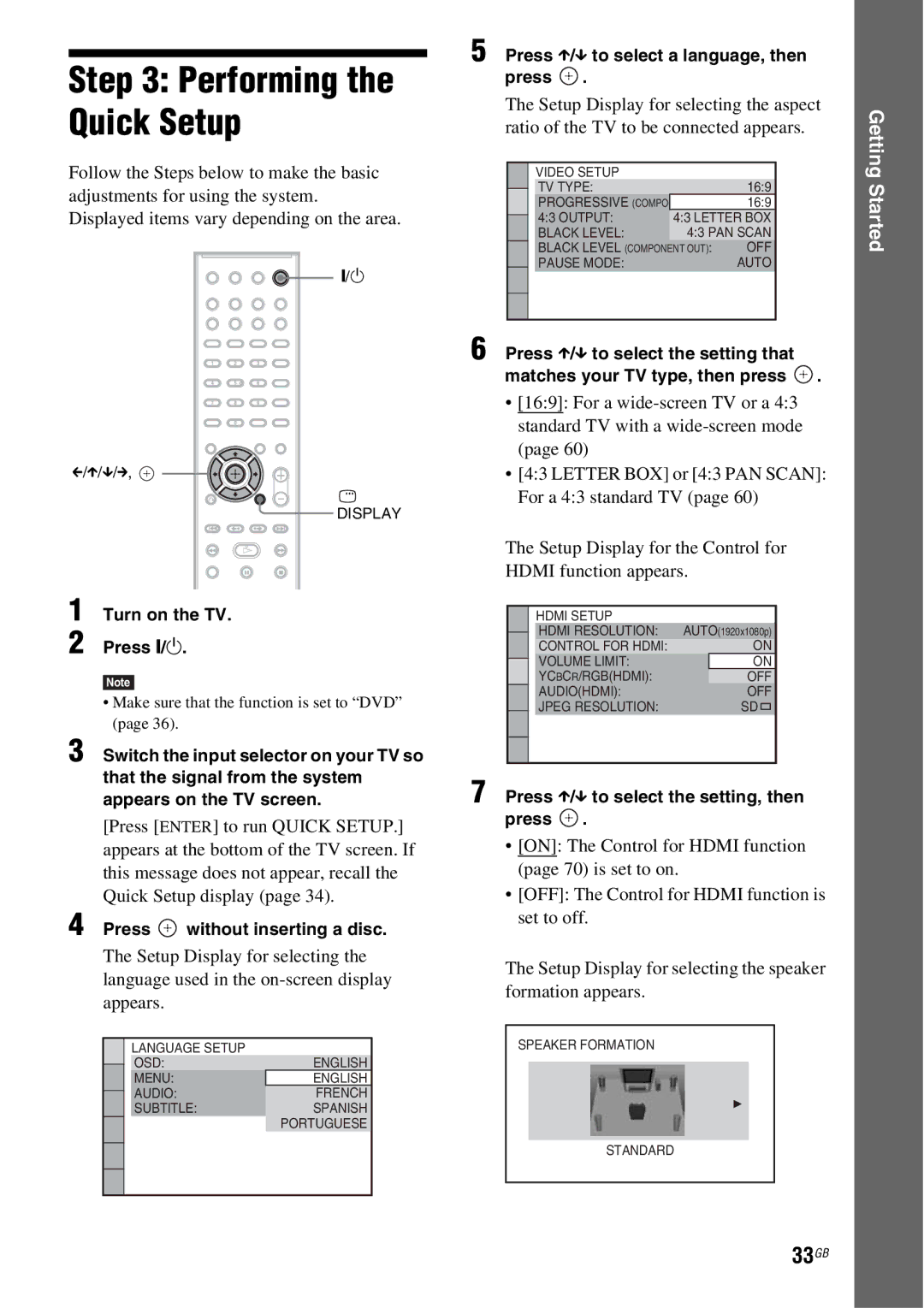 Sony DAV-HDX685 manual Performing the Quick Setup, 33GB 