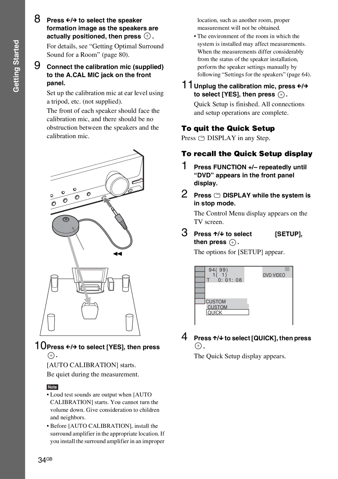 Sony DAV-HDX685 manual 34GB, To quit the Quick Setup, To recall the Quick Setup display 