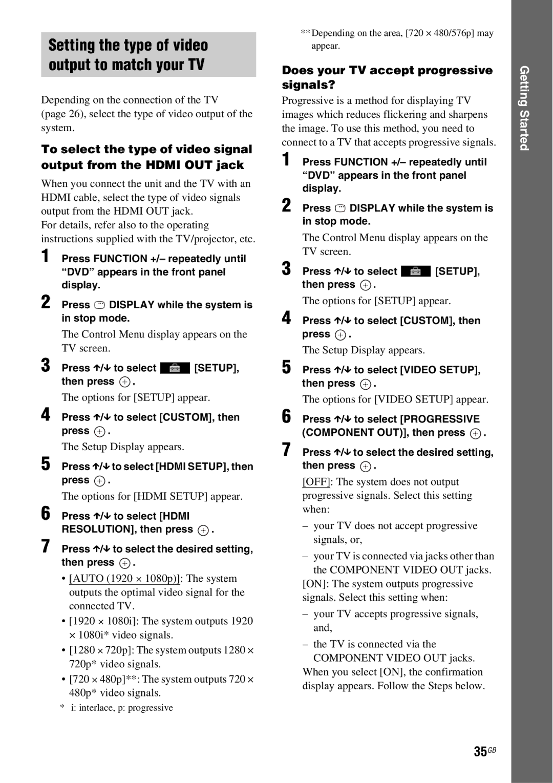 Sony DAV-HDX685 manual Setting the type of video output to match your TV, 35GB, Does your TV accept progressive signals? 