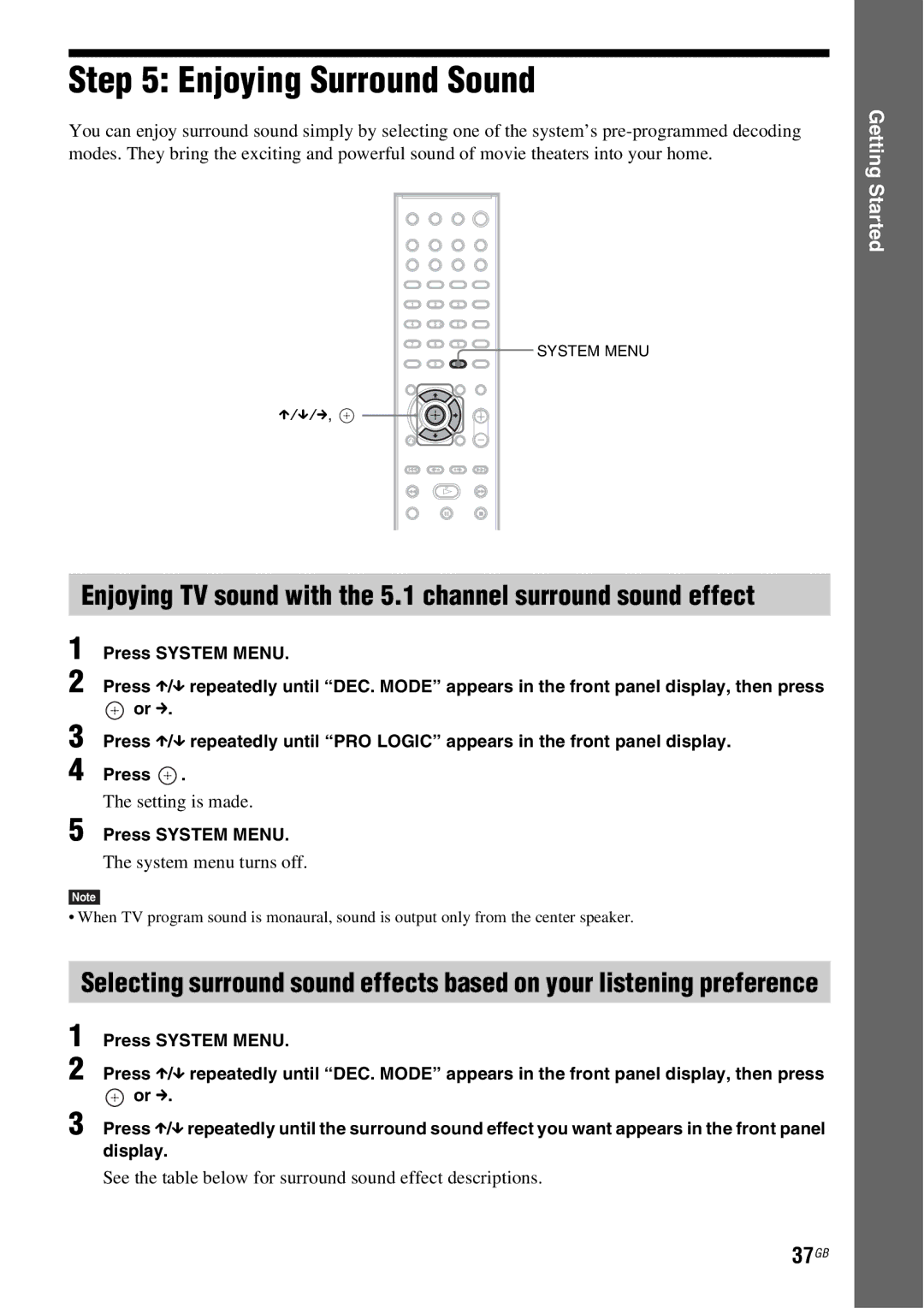 Sony DAV-HDX685 manual Enjoying Surround Sound, 37GB, See the table below for surround sound effect descriptions 