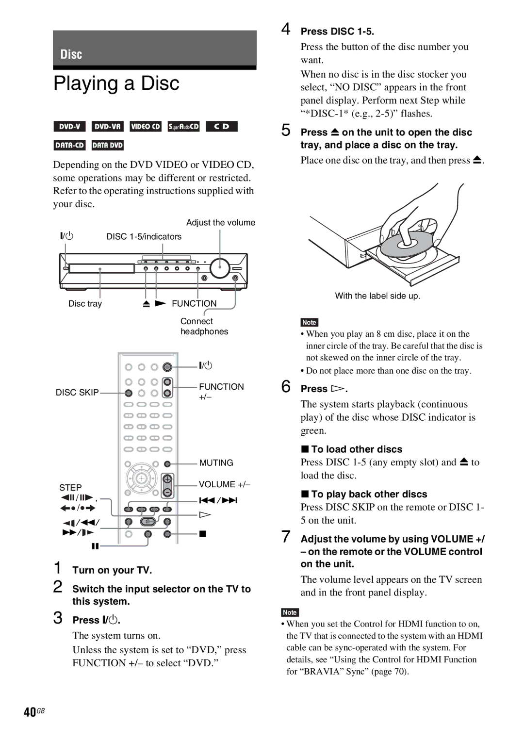 Sony DAV-HDX685 manual Playing a Disc, 40GB 