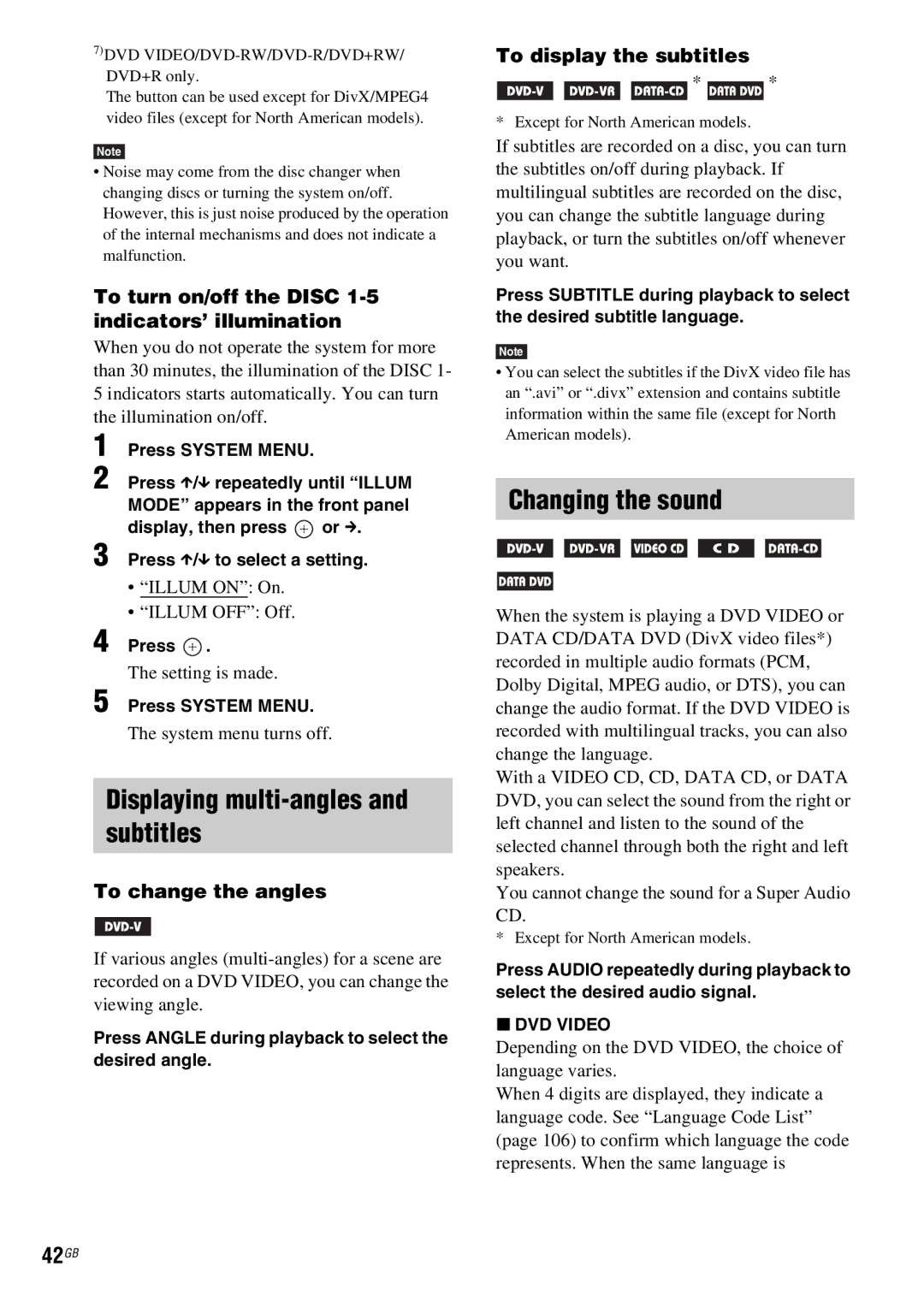 Sony DAV-HDX685 manual Displaying multi-angles and subtitles, Changing the sound, 42GB 