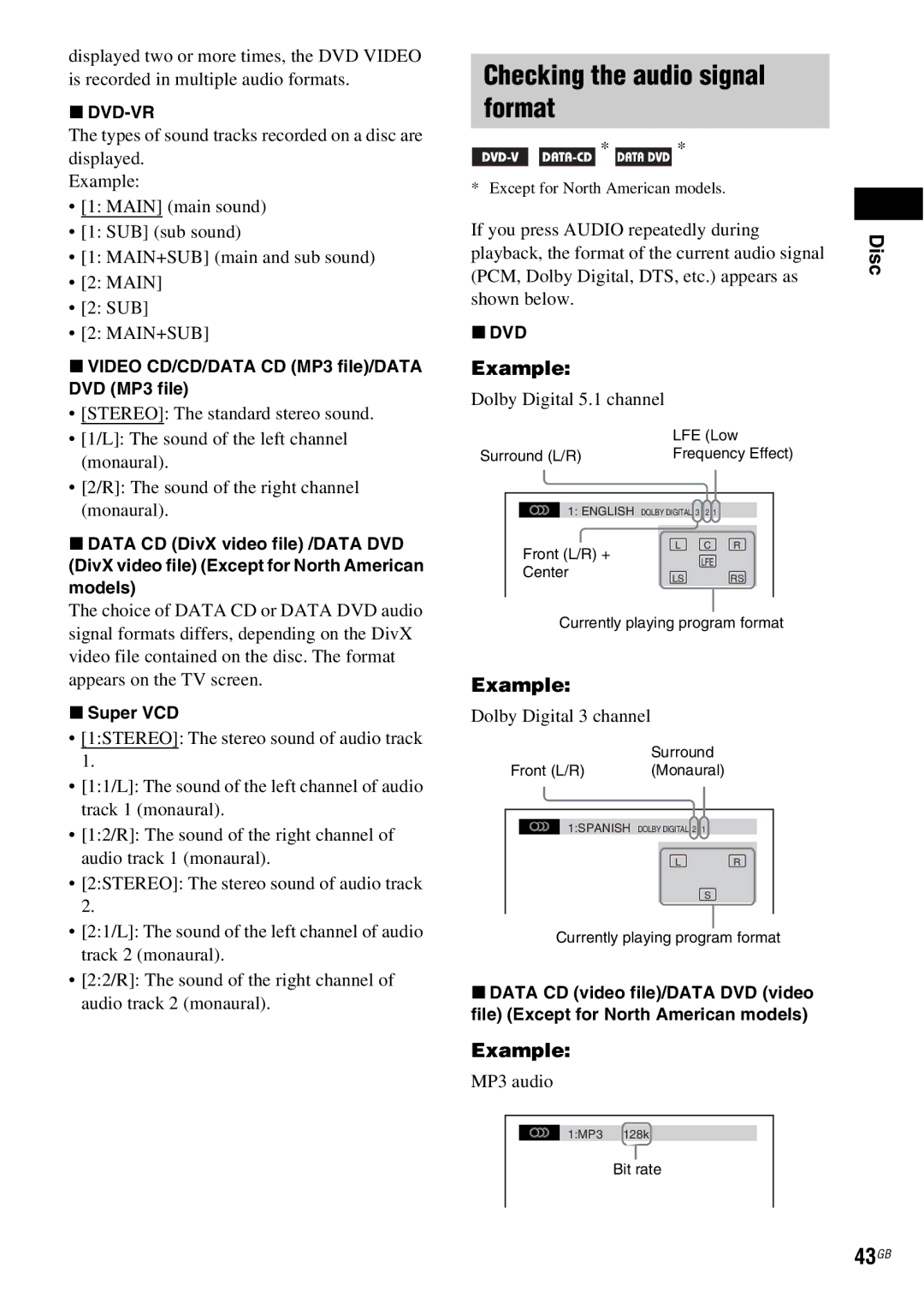 Sony DAV-HDX685 manual Checking the audio signal format, 43GB, Example 