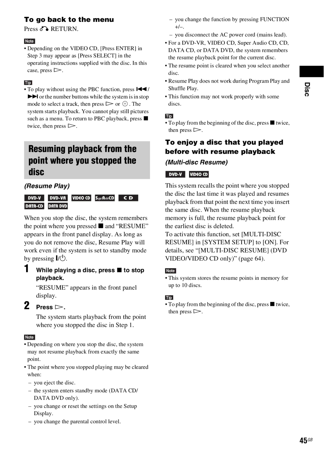 Sony DAV-HDX685 manual Resuming playback from the point where you stopped the disc, 45GB, To go back to the menu 