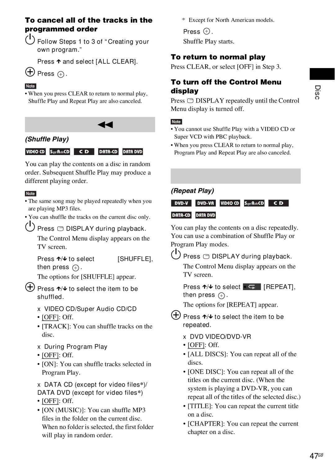 Sony DAV-HDX685 manual Playing in random order, Playing repeatedly, 47GB 