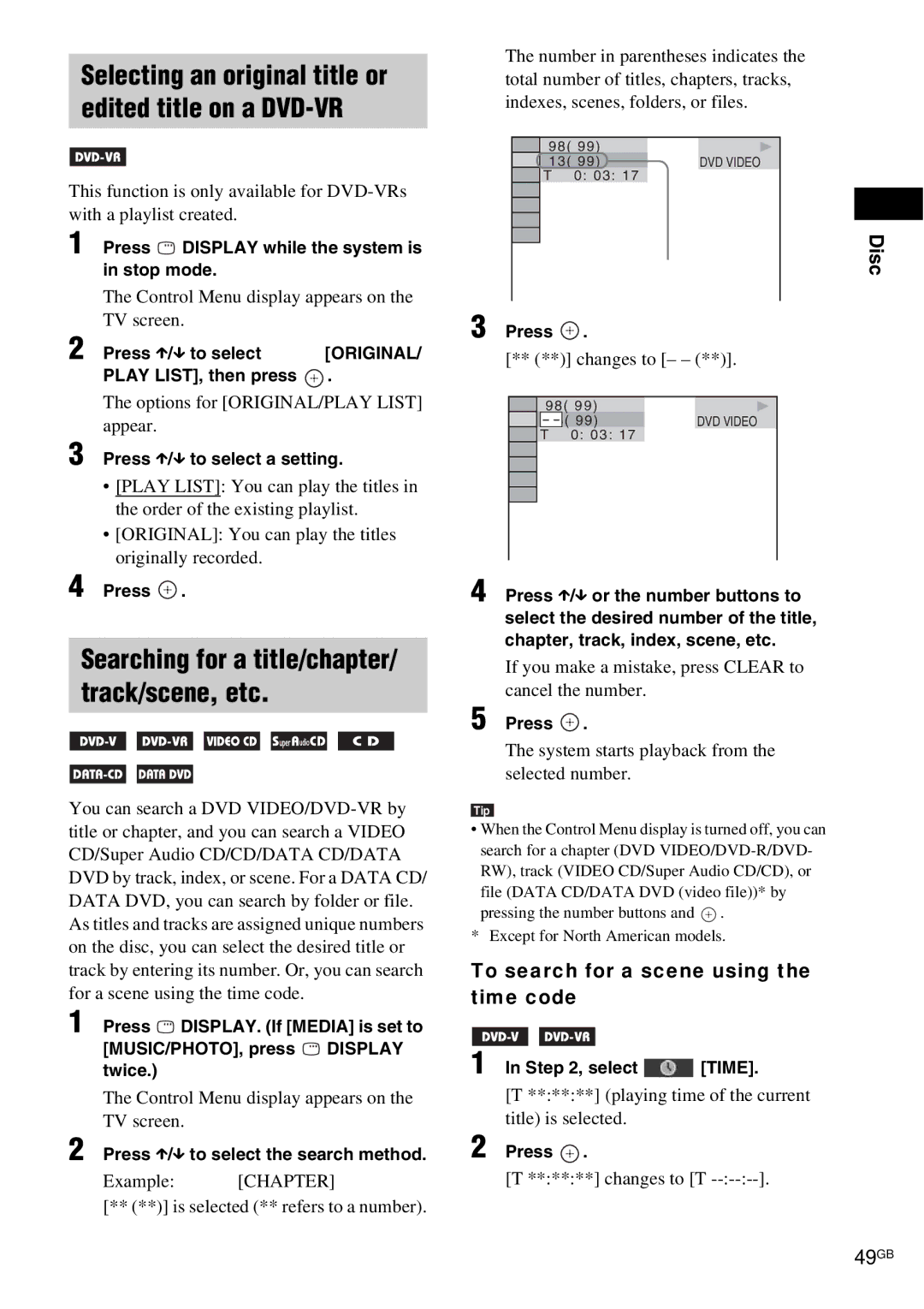 Sony DAV-HDX685 manual Searching for a title/chapter/ track/scene, etc, 49GB, To search for a scene using the time code 